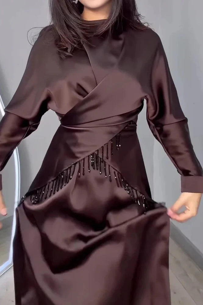 Long Sleeve Pleat Lace-Up Loose 2-Piece Irregular Maxi Dress