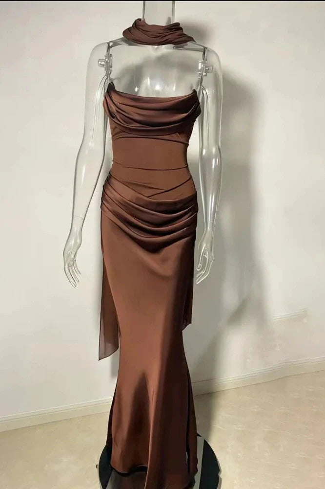 Off-Shoulder Scarf Collar Strapless Sleeveless Bodycon Maxi Dress