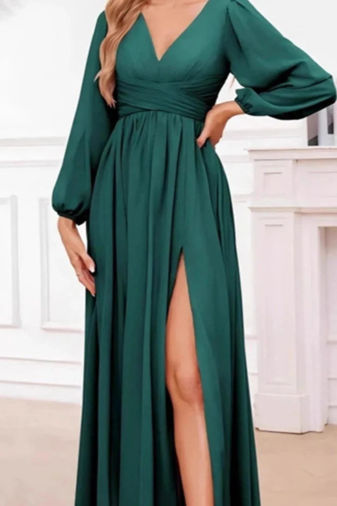 Elegant Long Sleeve Loose V-Neck Split Maxi Dress
