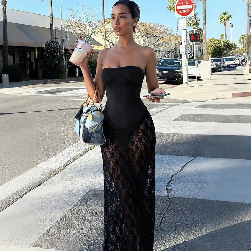 Strapless Backless See Through Patchwork Maxi Dress