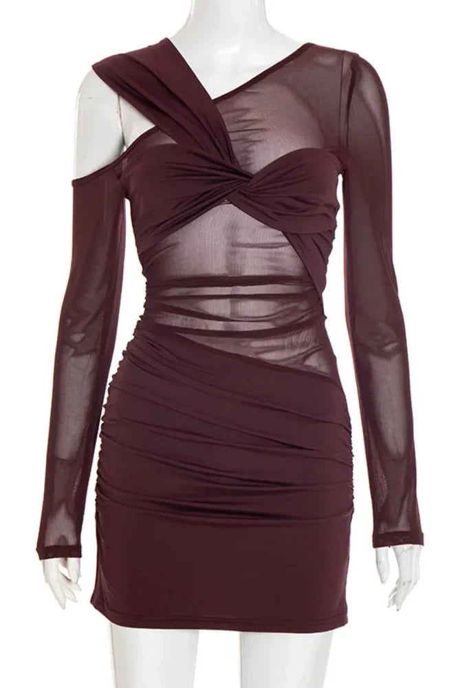 Inclined Shoulder Long Sleeve See Through Backless Mini Dress