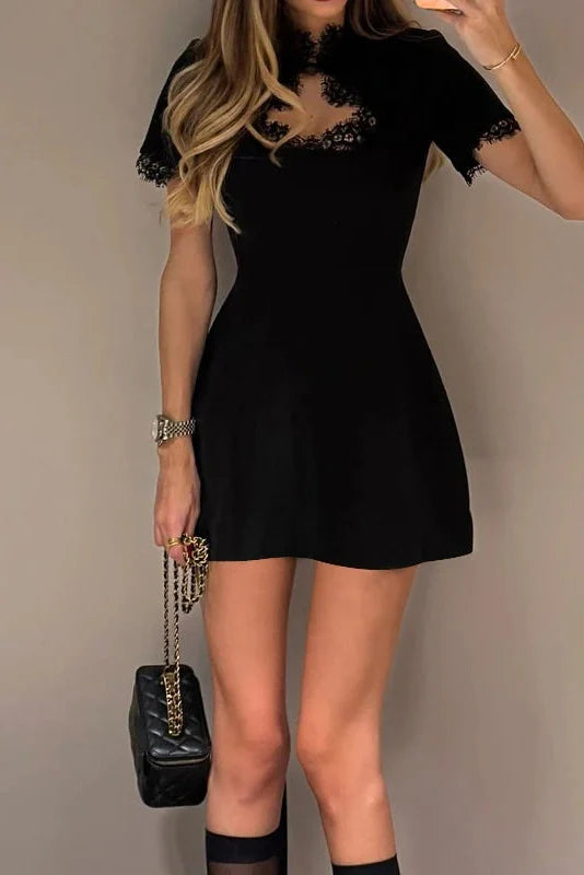 Hollow Out Short Sleeve High Waist Slim Lace Mini Dress