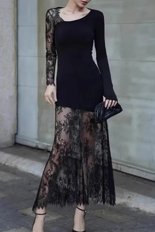 Lace Printed See-Through Long Sleeve Maxi Dress