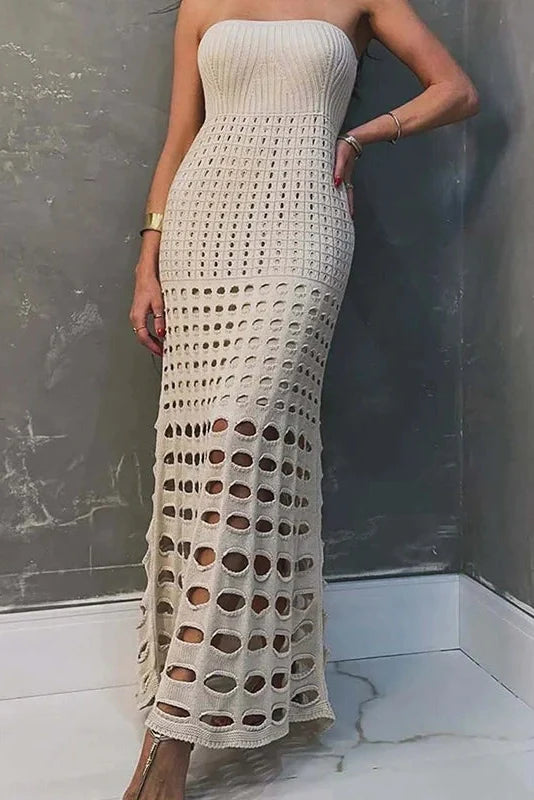 Hollow Out Strapless Knitted Slim Sleeveless Maxi Dress