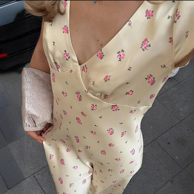 Printed Short Sleeve V Neck High Waist Midi Dress