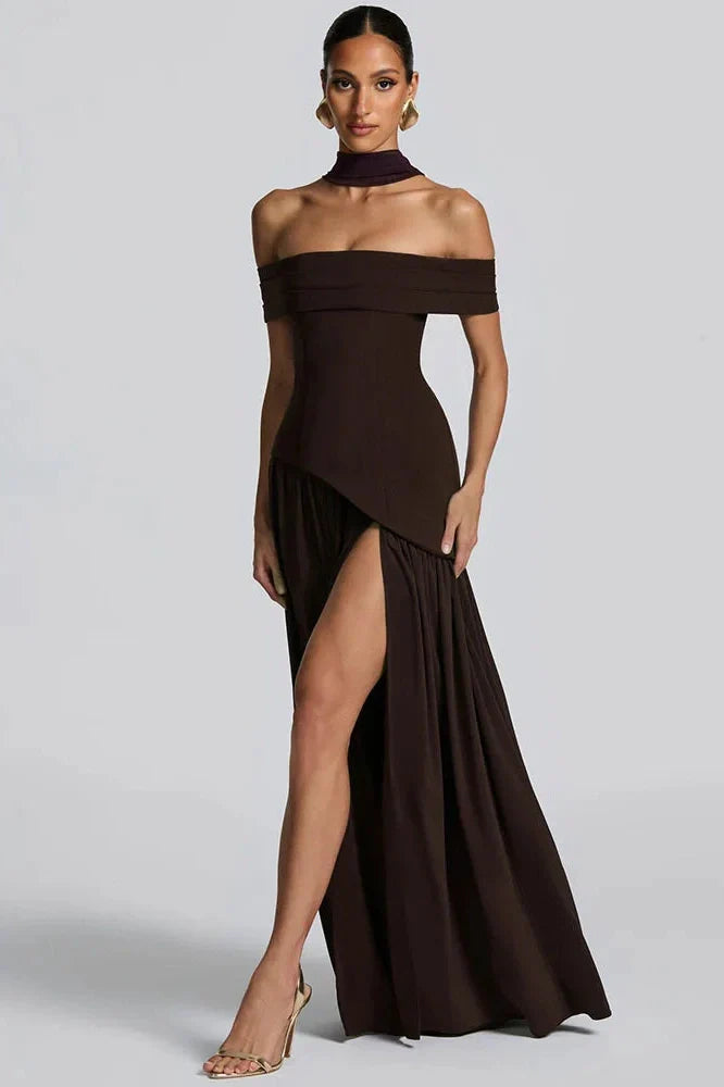 Off-Shoulder Backless Strapless Sleeveless Pleated High Split Maxi Dress