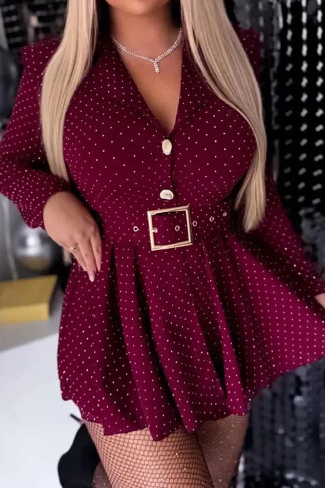 Elegant Long Sleeve Pleated High Waist Slim Printed Mini Dress
