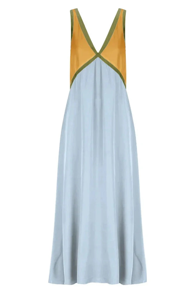Patchwork V-Neck Strapless Sleeveless Slim Maxi Dress