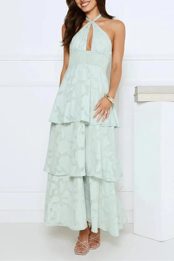 Elegant Hollow Out Backless Tie Up High Waist Maxi Dress