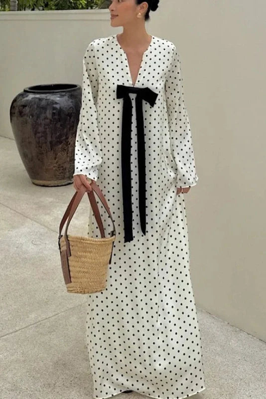 V-Neck Print Polka Dots Long Sleeves Loose Maxi Dress
