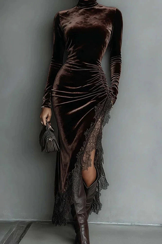 Elegant Turtleneck Long Sleeve Velvet Lace Fit Midi Dress