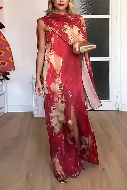 Shawl Split Pleated Slim Printed Sleeveless Maxi Dress