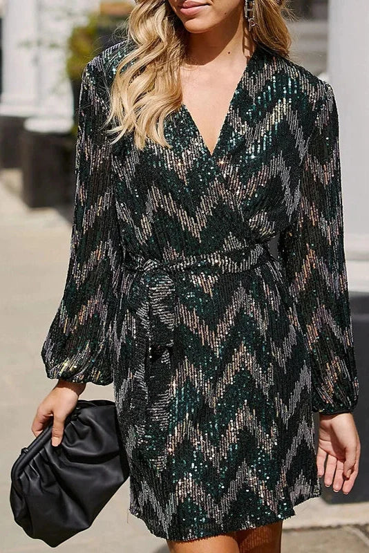 Elegant Long Sleeved Waist Slim V Neck Lace Up Mini Dress