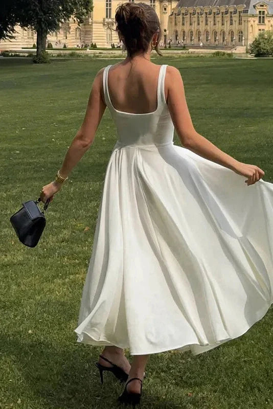 Elegant Square Collar Sleeveless High Waist Pleated Maxi Dress