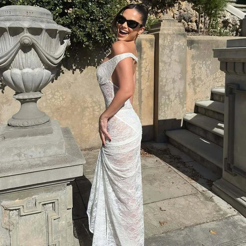Lace Patchwork Backless See Through Maxi Dress