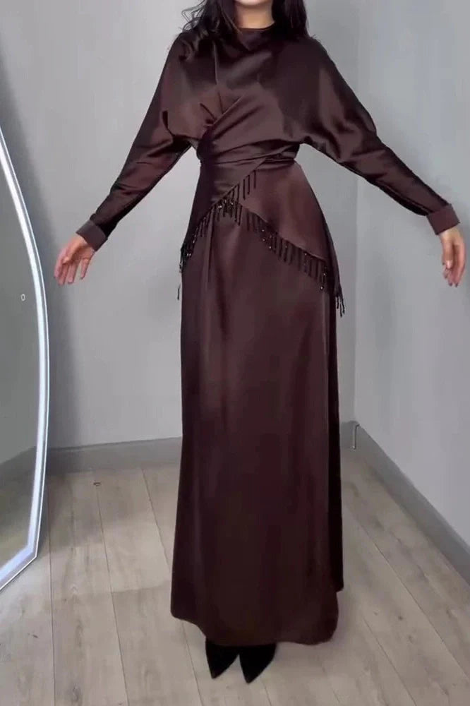 Long Sleeve Pleat Lace-Up Loose 2-Piece Irregular Maxi Dress