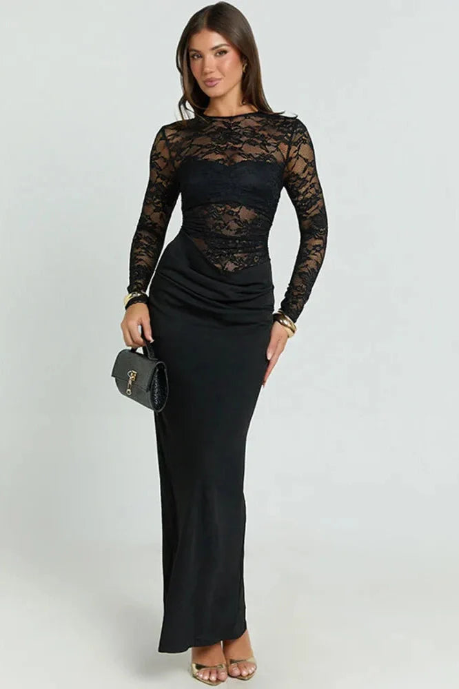 Lace Patchwork See Through Long Sleeve High Waist Maxi Dress