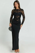 Lace Patchwork See Through Long Sleeve High Waist Maxi Dress