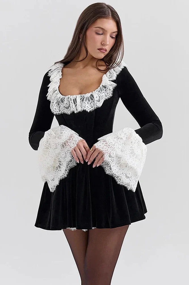 Lace Flare Long Sleeve High Waist Pleated Mini Dress