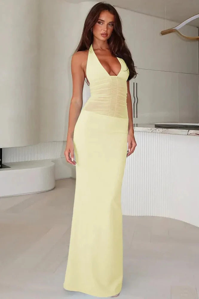 See Through Deep V Neck Sleeveless Backless Bodycon Maxi Dress