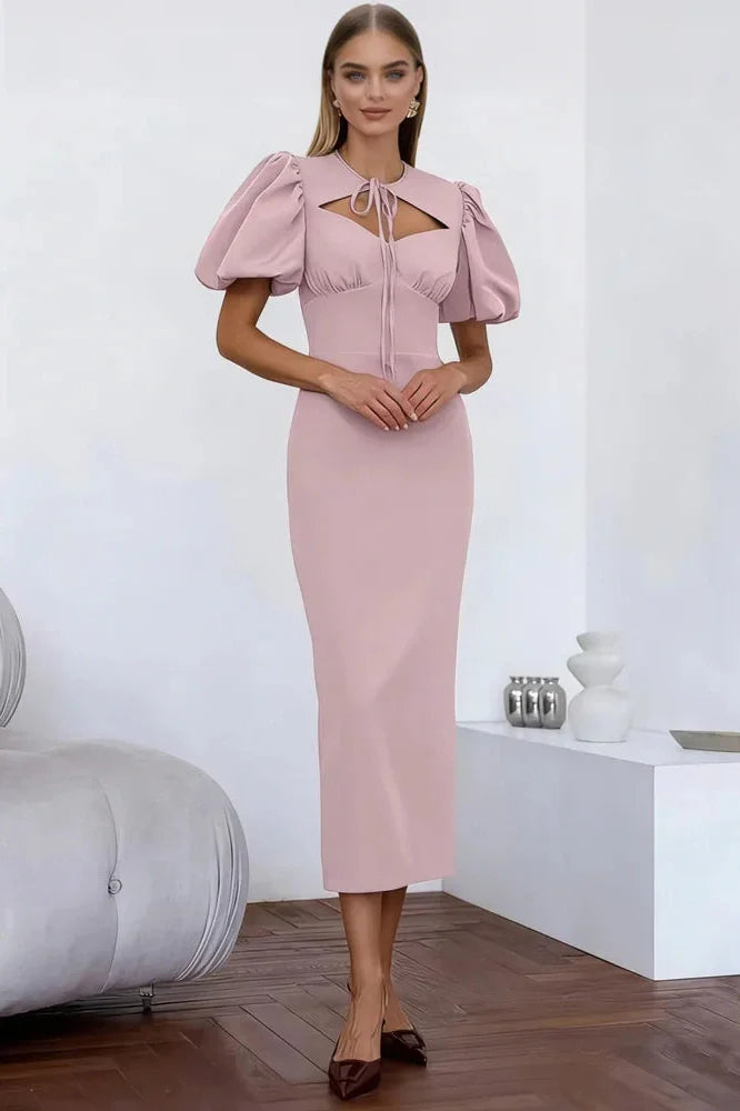 Lace-Up Slim Short Sleeve High Waist Patchwork Midi Dress