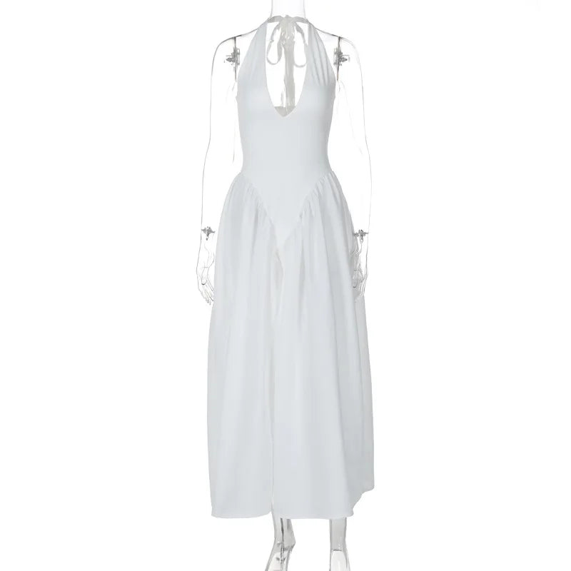 Deep V Neck A-Line Pleated Midi Dress