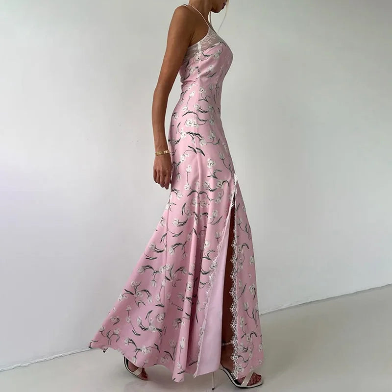 Sleeveless Printed Lace Slit Maxi Dress