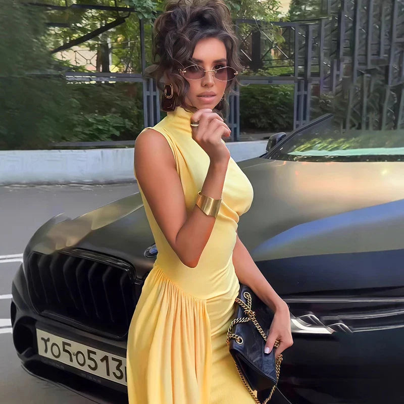 Pleated Sleeveless High Slit Maxi Dress