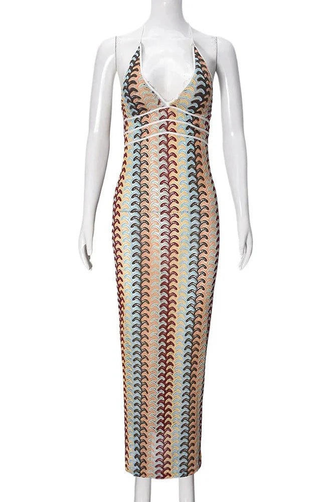 Striped Knitted Backless Slim Maxi Dress