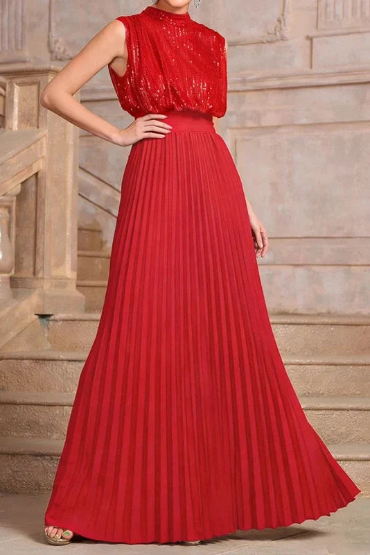 Sleeveless Pleated High Waist O-Neck Maxi Dress