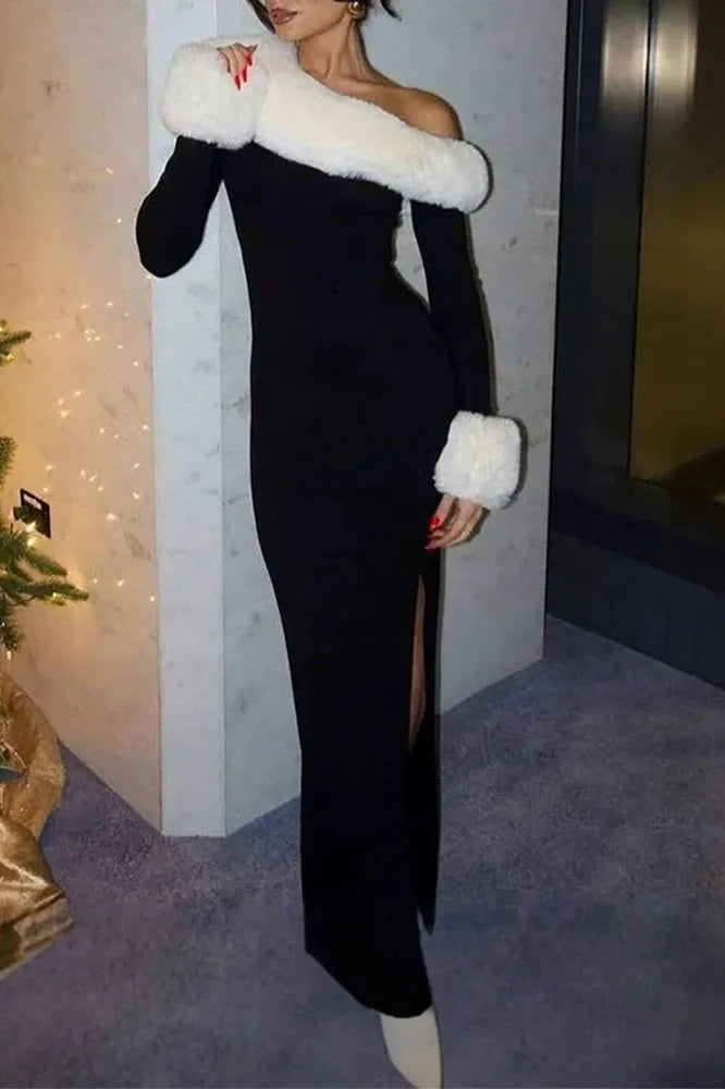 Elegant Slash Collar Slim Maxi Dress