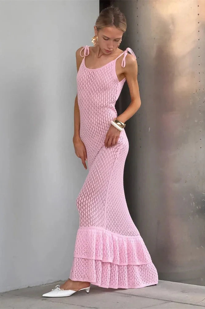 Hollow Out Lace-Up High Waist Slim Backless Maxi Dress
