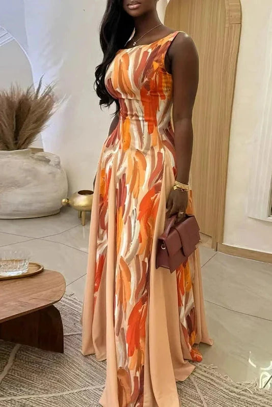 Printed High Waist Pleated Slim Sleeveless Maxi Dress