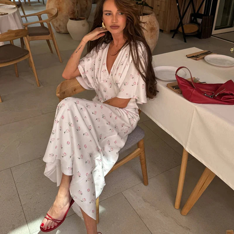 Printed V-Neck Short Sleeve Maxi Dress