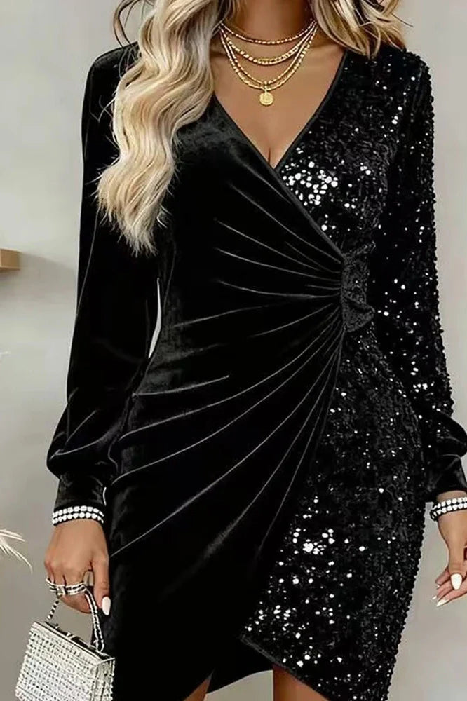 V-Neck Long Sleeve Slim Mini Dress