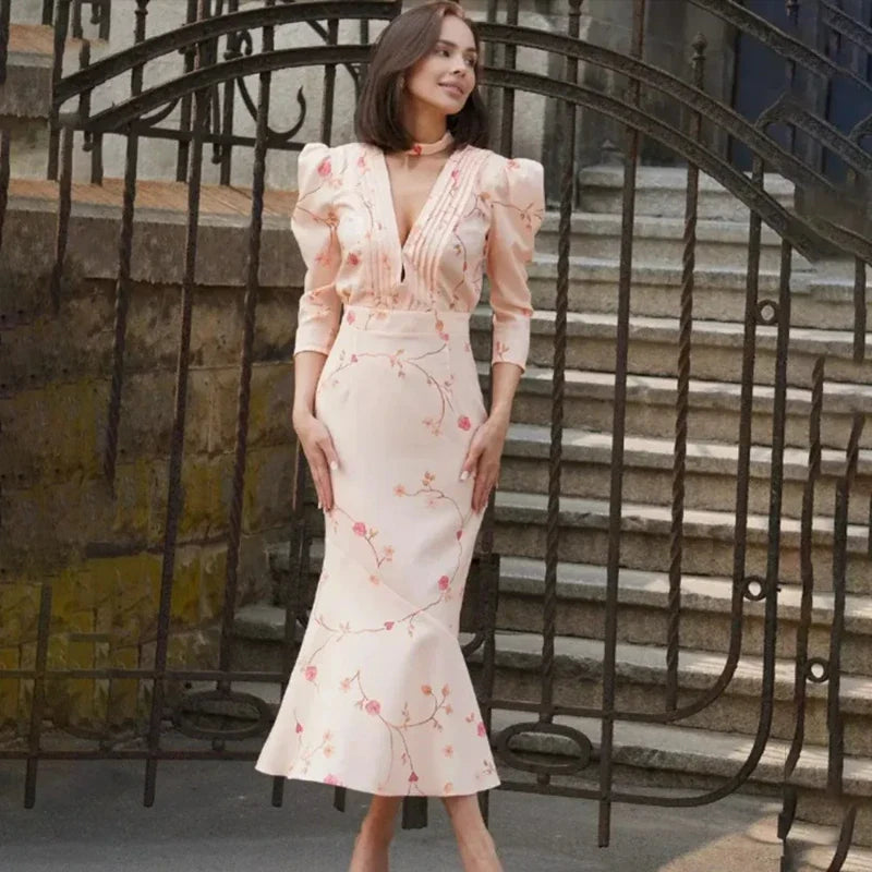 Print Pleated V-Neck Puff Sleeve Maxi Dress