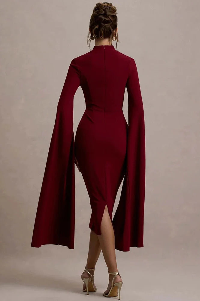 Long Sleeve Square Collar Back Slit Bodycon Midi Dress