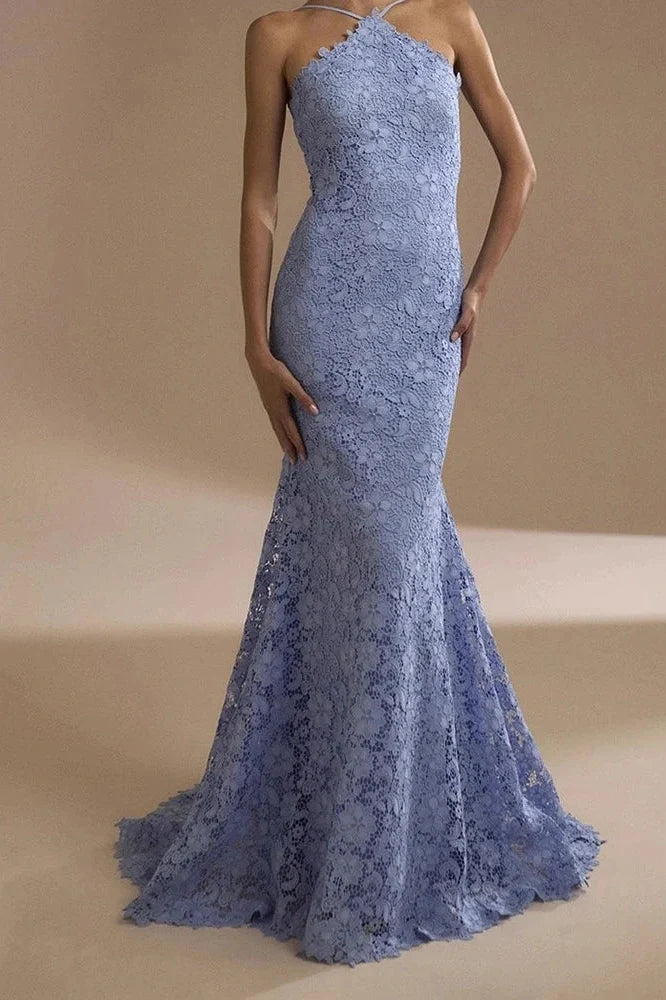 Elegant Sleeveless Fit Backless Off-Shoulder Lace Embroidery Maxi Dress