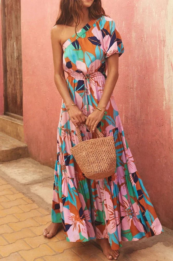Printed High Waist Pleated One-Shoulder Sleeve Maxi Dress