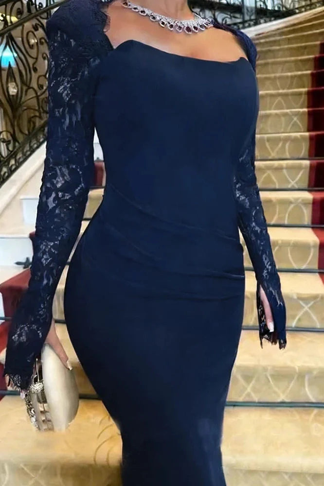 Long Sleeve Pleated Bodycon Square Collar Lace Slim Maxi Dress