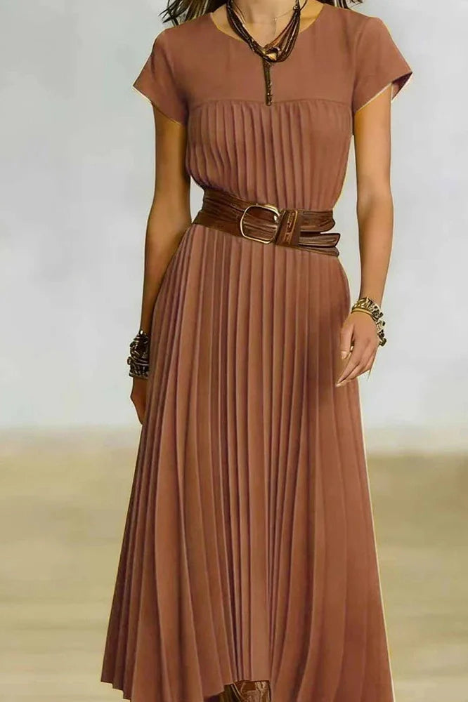 O-Neck Short Sleeve Pleated Loose High Waist Midi Dress