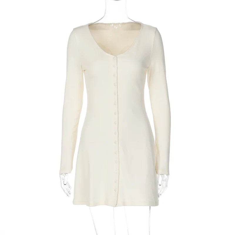 Long Sleeve V Neck Single Breasted Slim Mini Dress