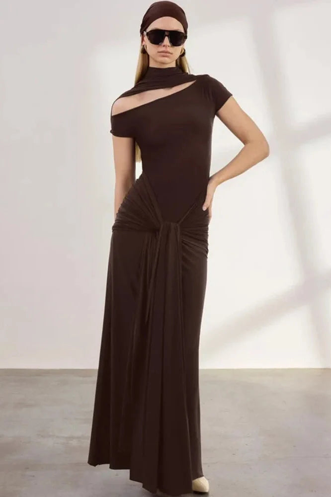 Hollow Out Short Sleeve Turtleneck Bodycon Maxi Dress