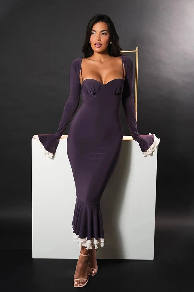 Elegant Long Sleeve Patchwork Square Collar Maxi Dress