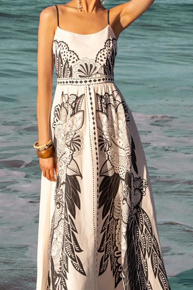 Elegant Hollow Out Sleeveless High Waist U-Collar Printed Maxi Dress