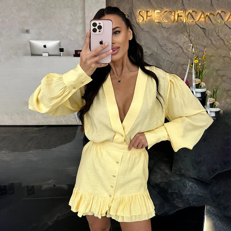 Deep V Neck Loose Lantern Sleeve Irregular Mini Dress