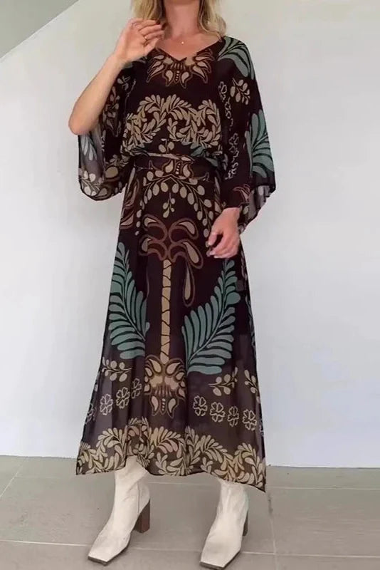 Long Sleeve Loose Pleated Lace Up Printed V-Neck Maxi Dress