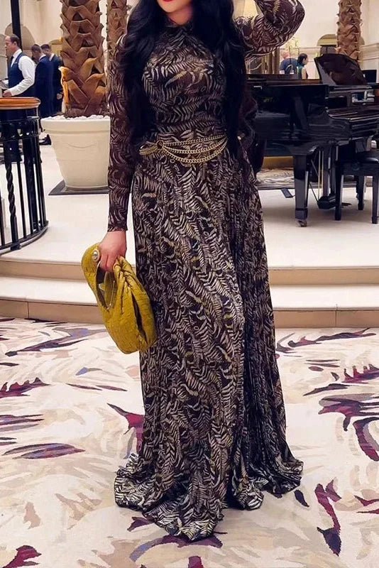 Long Sleeve Printed Slim Pleated High Waist Maxi Dress