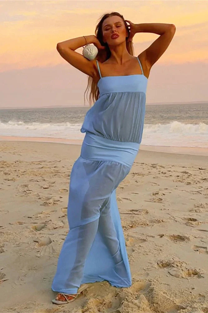 See-Through Patchwork Spaghetti Straps Maxi Dress