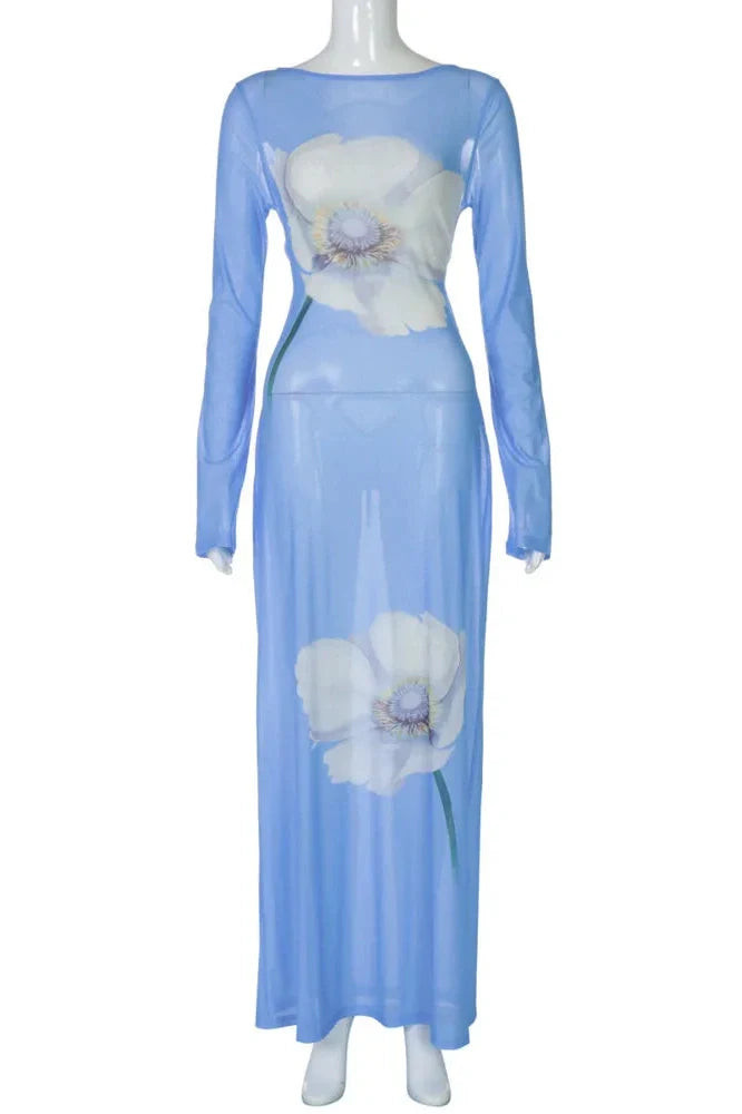 See Through Printed Long Sleeve Lace-Up Backless Maxi Dress
